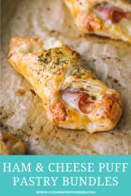 close up of ham and melted cheese in puff pastry