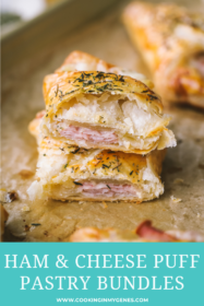 close up of inside a puff pastry bundle with ham and cheese