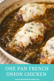 close up of caramelized onion chicken with melted gruyere cheese