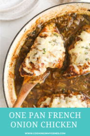 serving spoon holding cooked french onion chicken