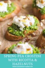 angled photo of Spring pea crostini on a serving board