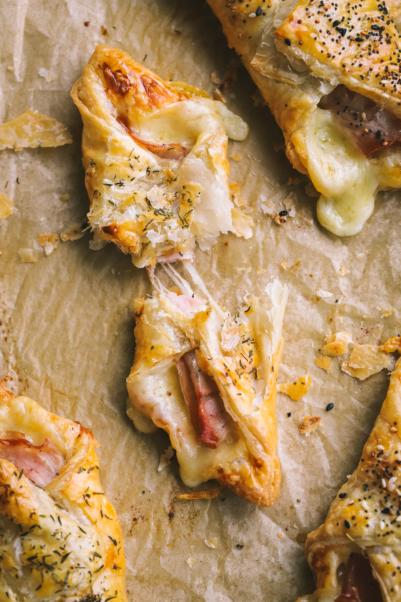 cheese pull of a puff pastry bundle