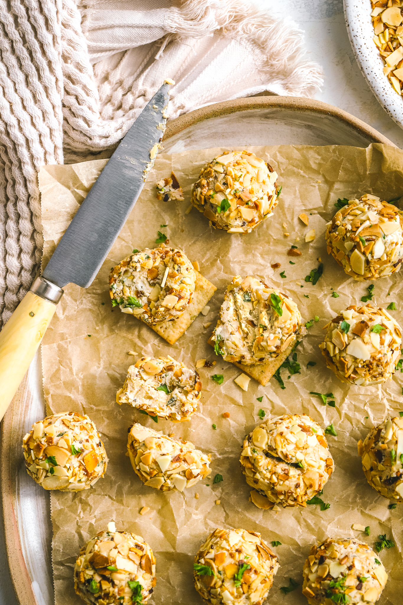cut mini cheese balls on a platter