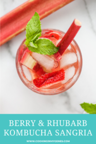 overhead photo of a glass of berry rhubarb kombucha sangria