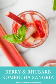 overhead photo of a glass of berry rhubarb kombucha sangria