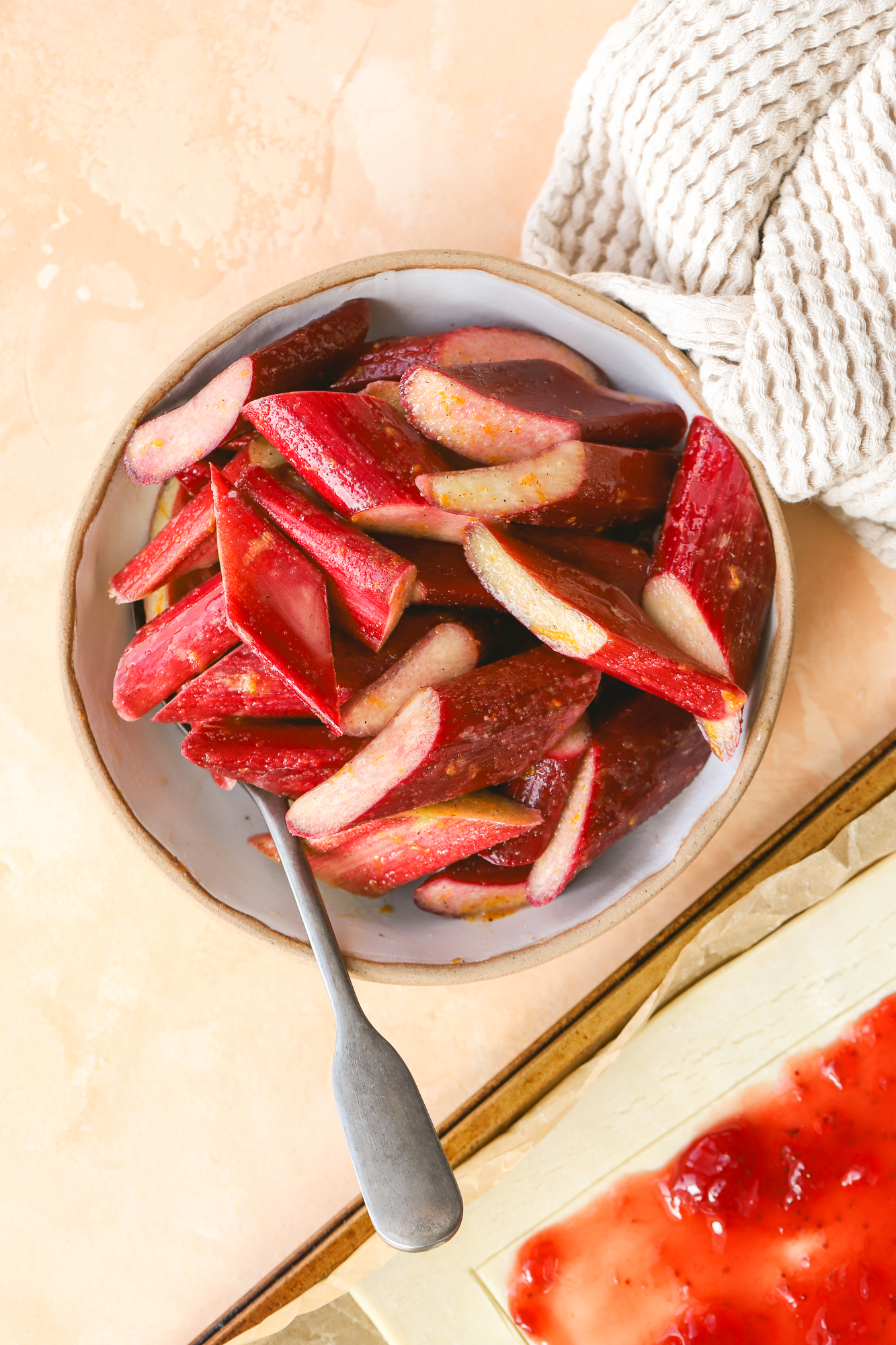 slices of fresh rhubarb in a bowl
