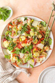 tossed summer pasta salad in a bolw