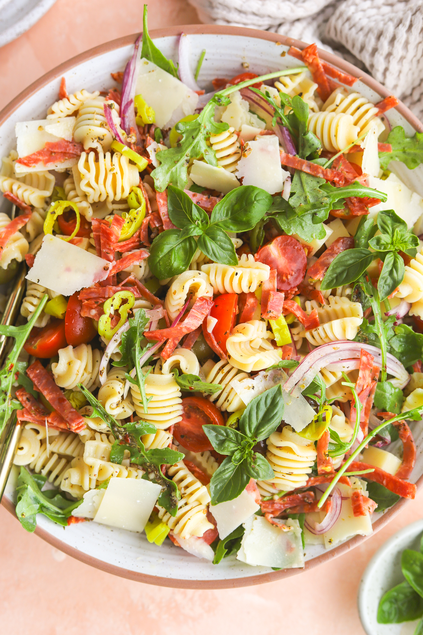 close up of pasta salad tossed in a bowl