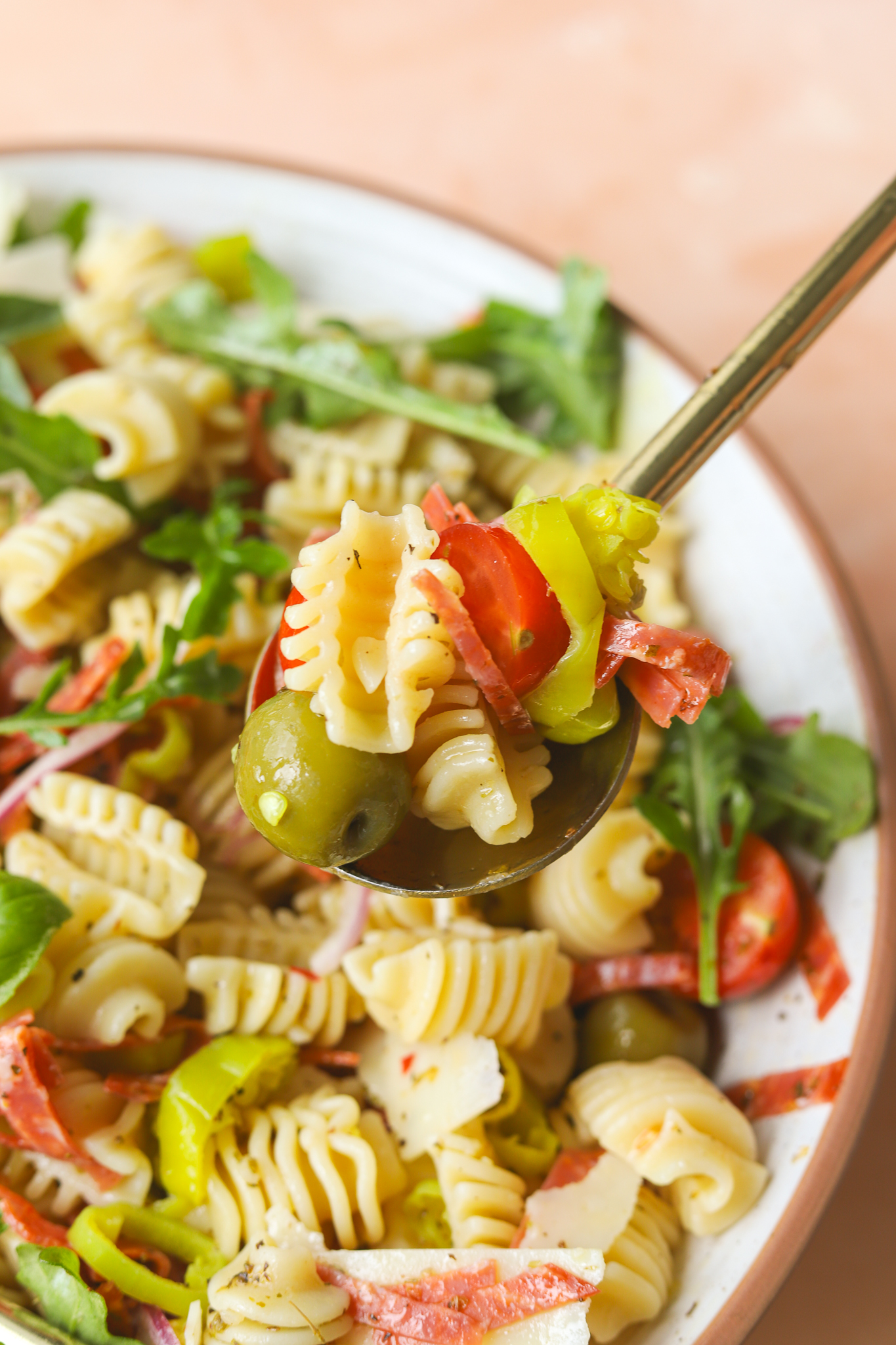 spoonful of Italian pasta salad