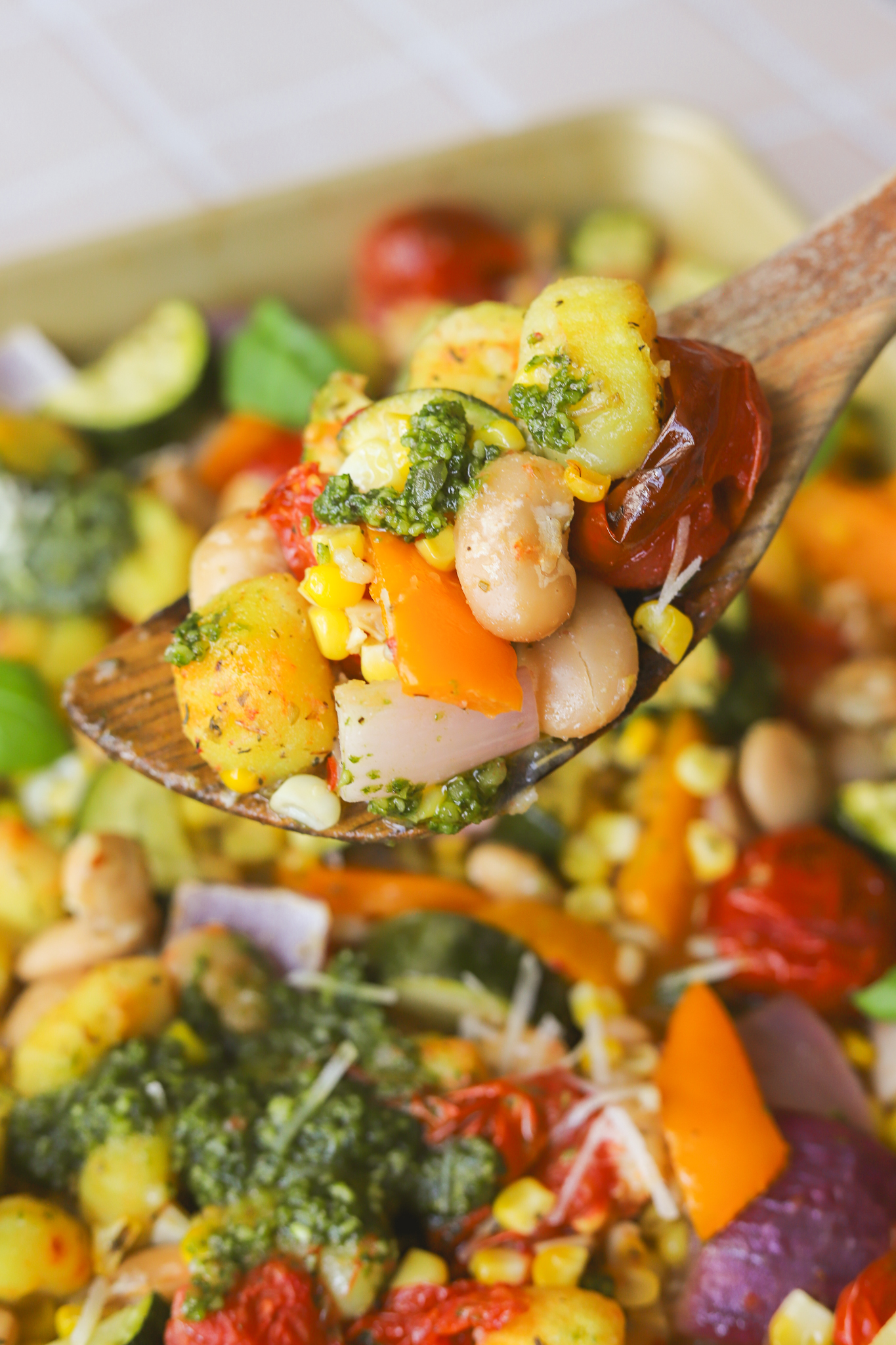 summer vegetables and gnocchi on a serving