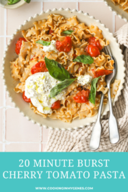 overhead of burst cherry tomato pasta in a bowl