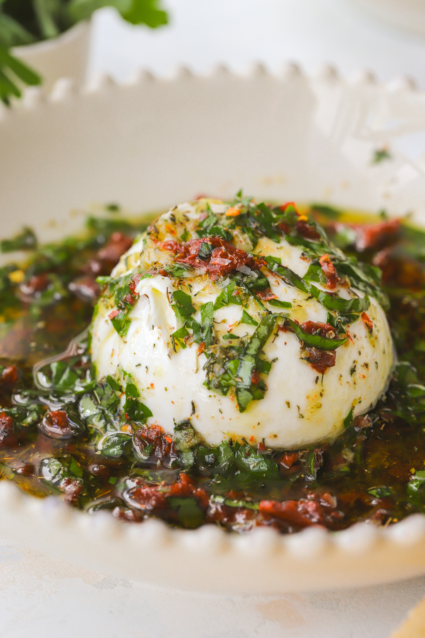 ball of burrata in a bowl drizzle with olive oil and herbs
