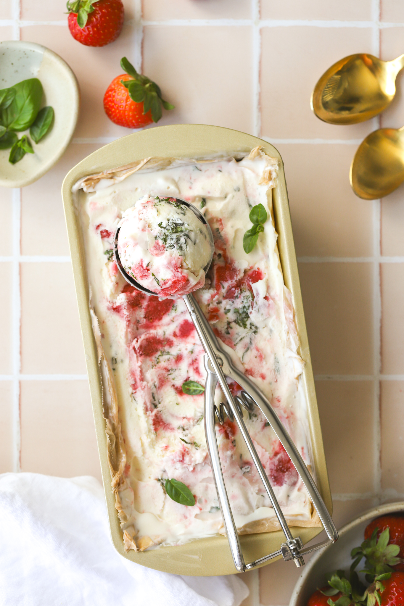 basil ice cream in a loaf pan