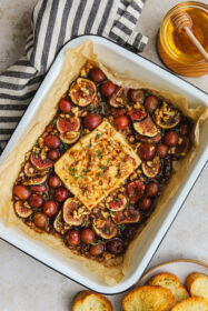 baked feta with figs in a baking dish