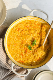 sungold tomato orzo pasta in a braiser