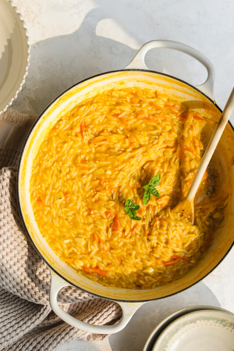 sungold tomato orzo pasta in a braiser