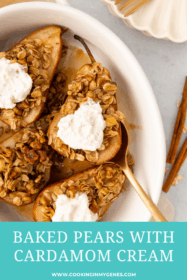 close up of baked pears in a baking dish
