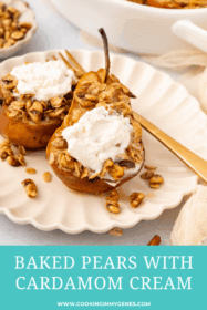 baked pears with cardamom cream on a plate