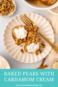 baked pears with cardamom cream on a plate