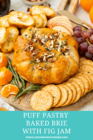 Puff Pastry Baked Brie with Fig Jam Appetizer on a serving board
