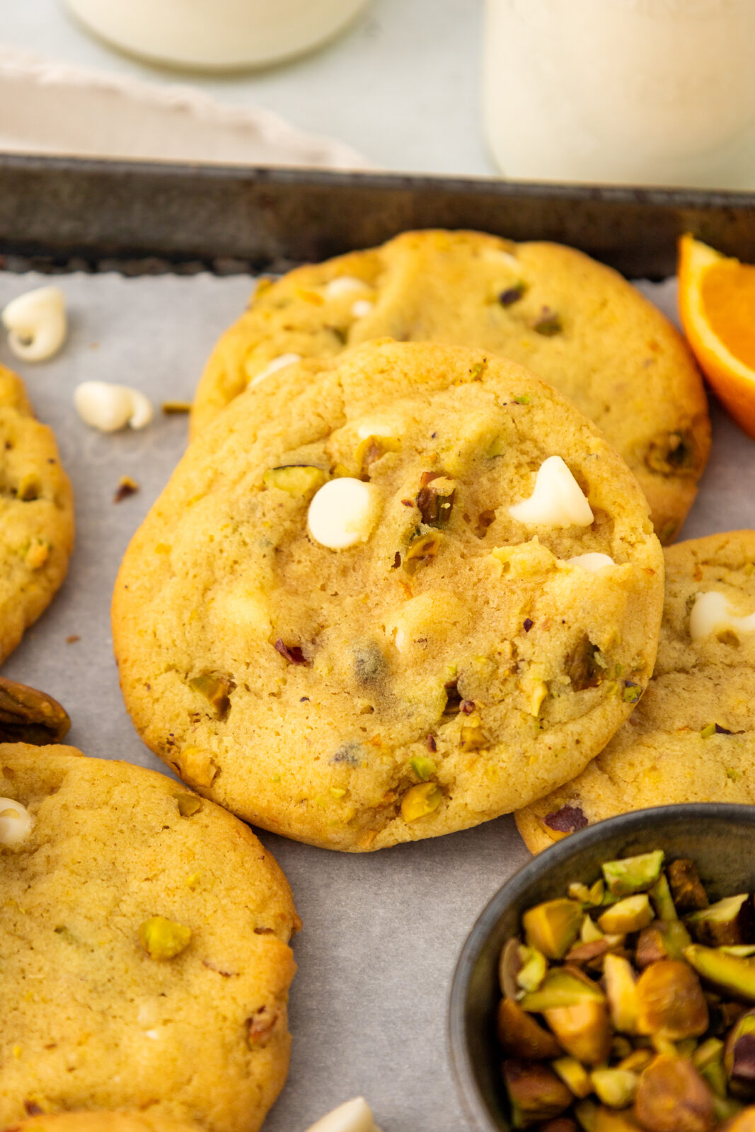 orange pistachio white chocolate cookie