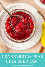 close-up of chia cranberry pear jam on a spoon