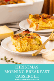 piece of ham and cheese breakfast casserole on a plate