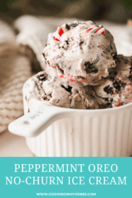 scoops of no churn ice cream with candy canes and Oreos in a dish