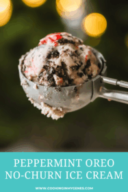 peppermint Oreo ice cream in a scoop in front of a Christmas tree