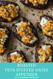 closeup shot of roasted feta stuffed dates topped with walnuts