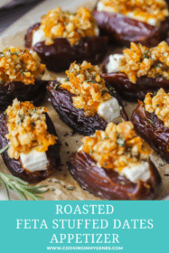 angled photo of roasted feta stuffed dates on a serving tray