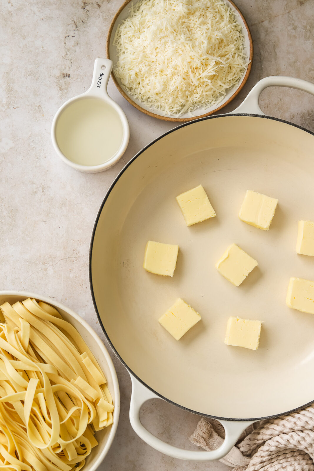 butter, pasta, parmesan cheese and pasta water