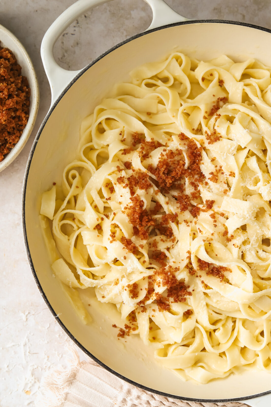 Christmas fettuccine topped with toasted breadcrumbs