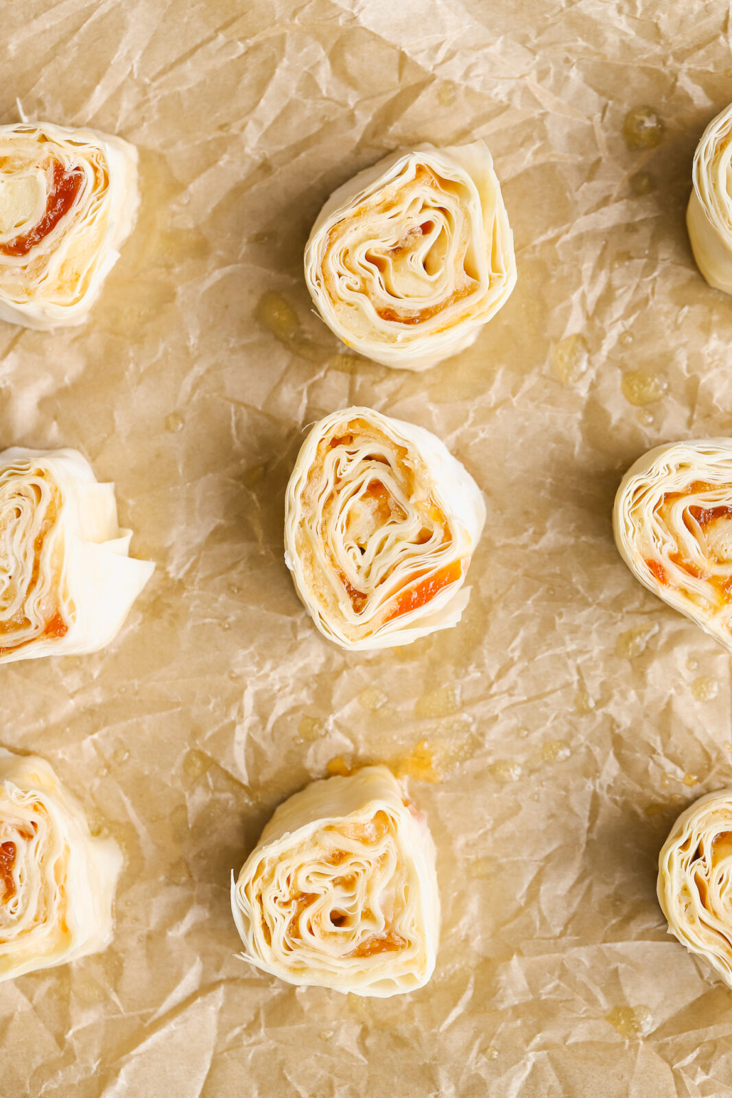phyllo bites on a parchment paper lined baking sheet