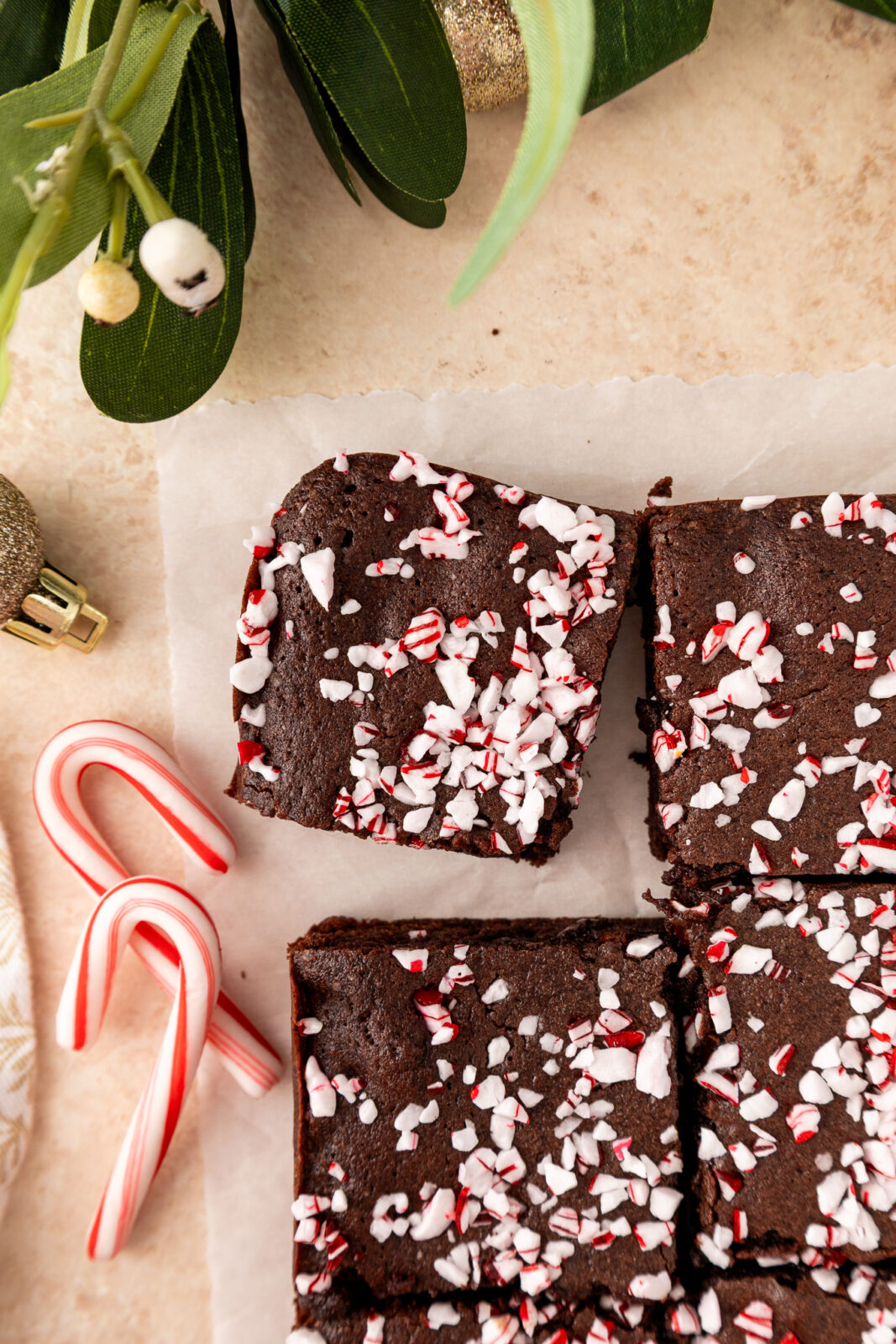 peppermint mocha brownies topped with candy canes