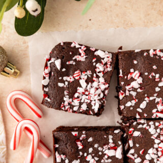 peppermint mocha brownies topped with candy canes