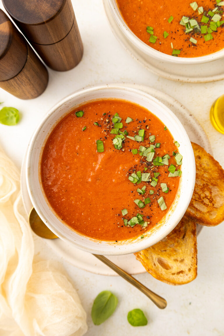 overhead photo of a bowl of tomato soup