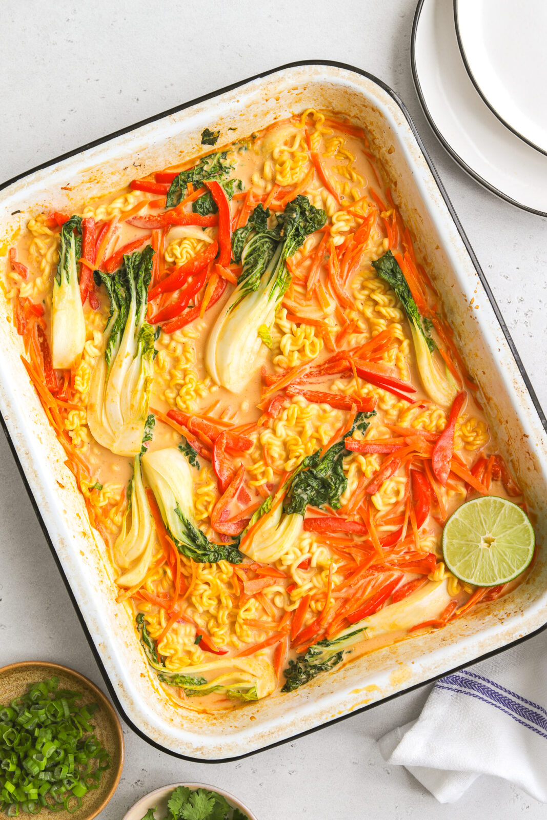 dump and bake ramen noodles and vegetables in a baking dish