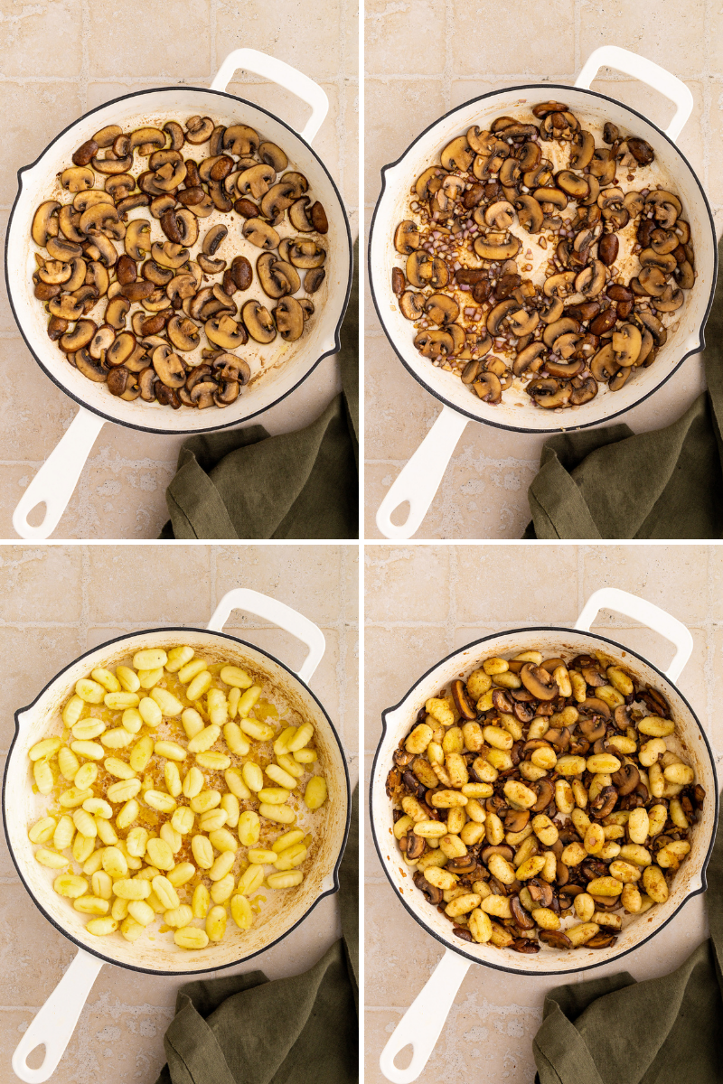 step by step process to making mushrooms and gnocchi side dish