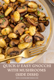gnocchi and mushrooms side dish on a plate with a fork