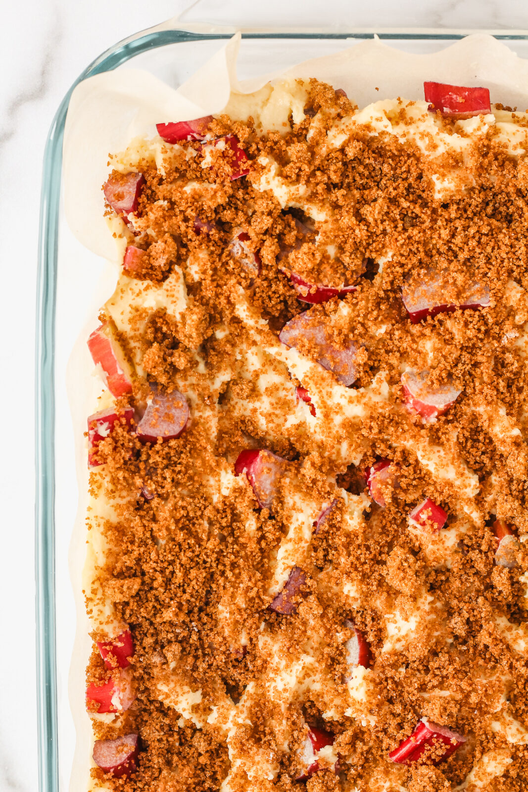 rhubarb coffee cake with crumb topping in a baking pan